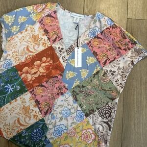 Cupcakes And Cashmere Floral Patch Work Rayon S/S Top Shirt Colorful Tropical Sm